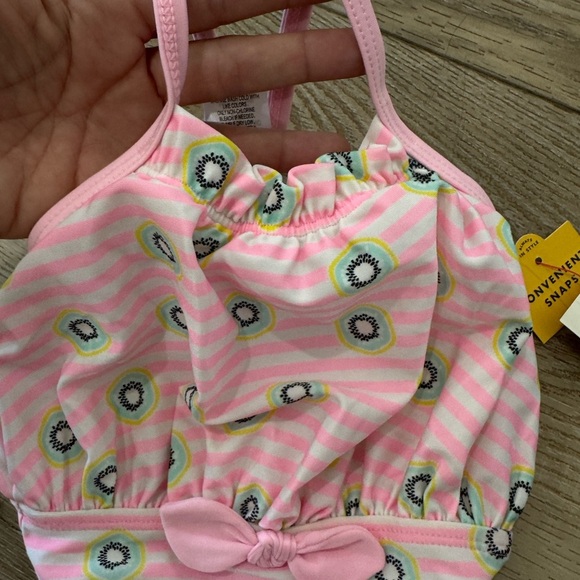 NWT girls 9 mths Kat & Jack Pink Striped Baby Swimsuit with Kiwi Print - Picture 2 of 6
